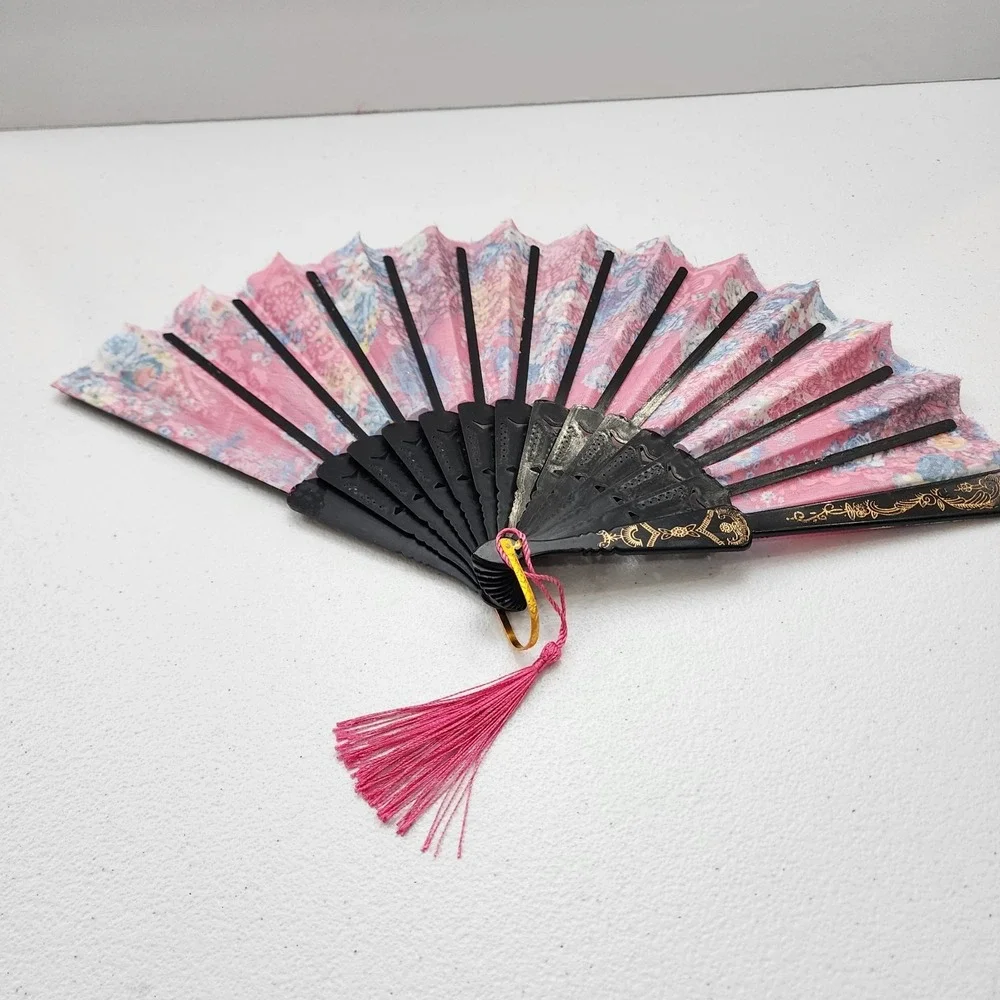 Vintage Japanese Flora Handheld Fan 2 Piece BLUE AND PINK
